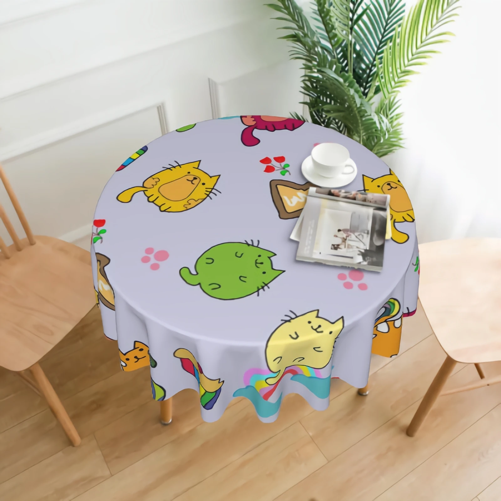 

Cute Cat With Flower And Cup Cake Tablecloth Washable Doodle Cartoon Fat Cats Round Tablecloths Circular Table Cover Cloths
