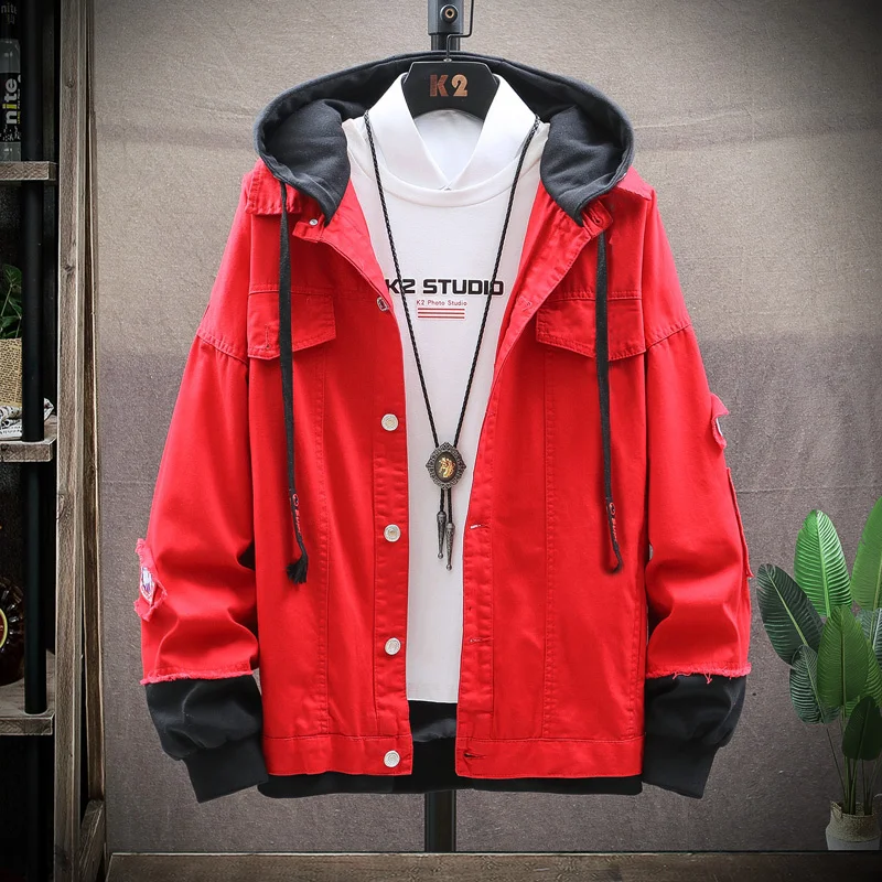 

Jean 2023 New Men Patchwork Casual Jacket Outerwear Hooded Coats Youth Denim Jackets Size 3XL High Quality Dropshipping