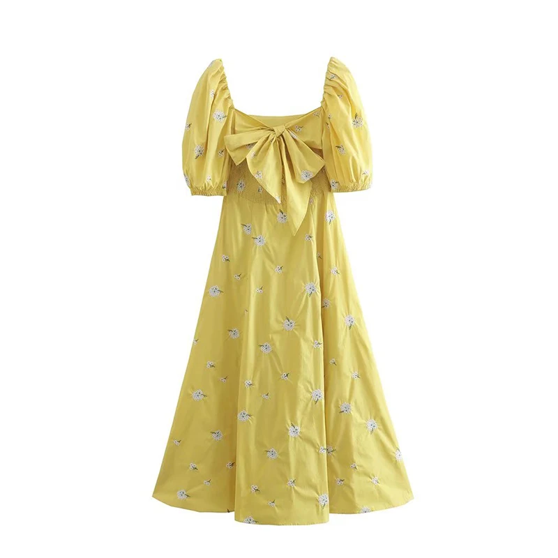 

Summer 2022 Women Embroidery Poplin Yellow Midi Dress Bow Square Collar Short Sleeve Ladies High Street A-Line Dress Vestidos
