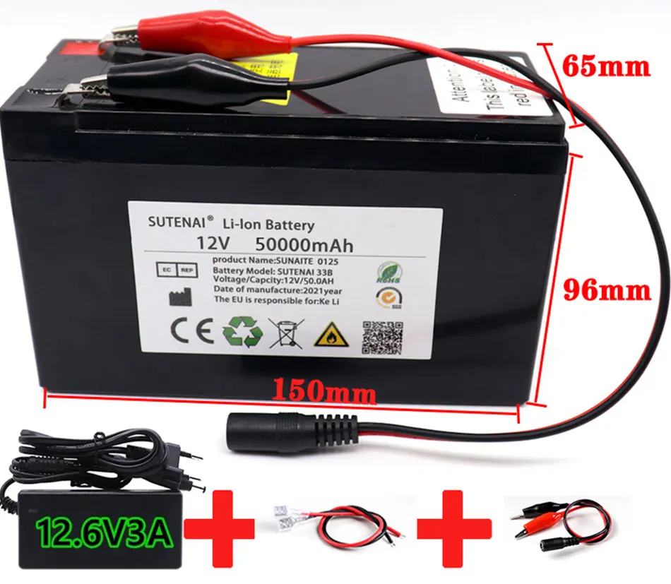 

2022New 12V 50000mah 3s7p 18650 lithium battery with 50ah current BMS suitable for standard 12V voltage equipment +12v3a charger