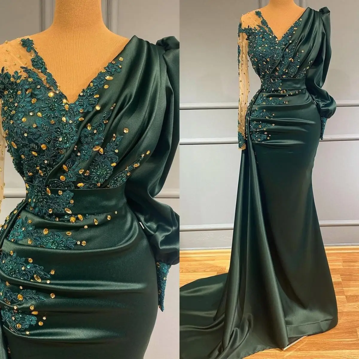 

Emerald Green Long Sleeve High Quality Beading Women Evening Dress Appliques Dubai Vestidos De Mujer Elegantes Para Fiesta 2022