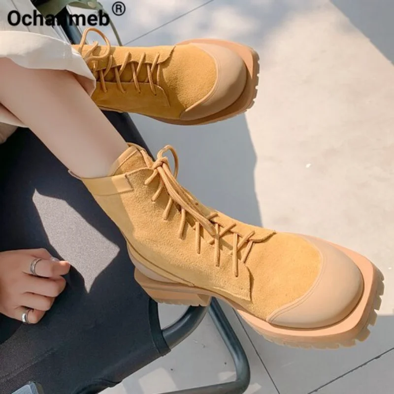 

Ochanmeb Women Cow Suede Lace-up Boots Designer Square Heels Cross-tie Ankle Short Combat Boots Round Toe Shoes 40 Autumn Winter