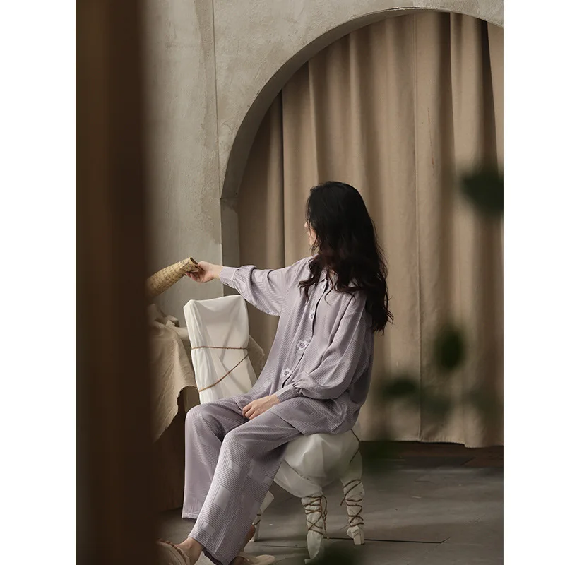 Purple Color Women's Sleepwear Spring Autumn Pyjamas Set Satin Silk Jacquard Satin Pajamas Set Two Pieces Long Sleeve Night Wear