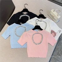 2022 summer sexy backless rhinestone edge t shirt for women new sweet round neck knitted short sleeved tee cropped tops