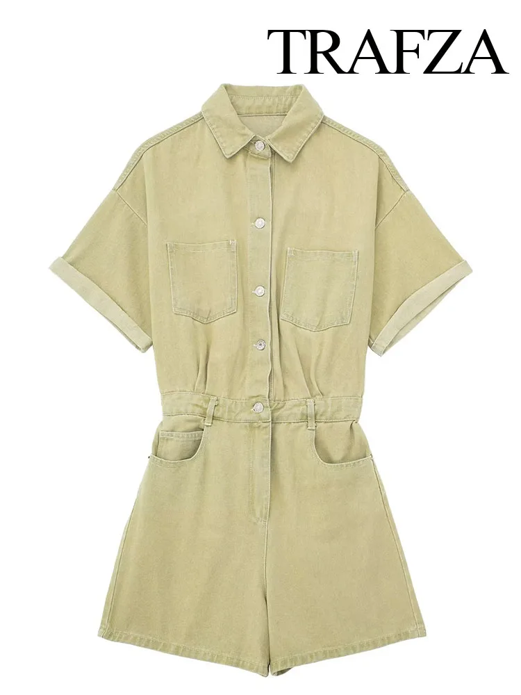 

TRAFZA Denim Lapel Pocket Jumpsuit Women Sexy Short Sleeve Slim Bodycon Ropa De Casual Overalls One Piece Woman Clothing Mujer