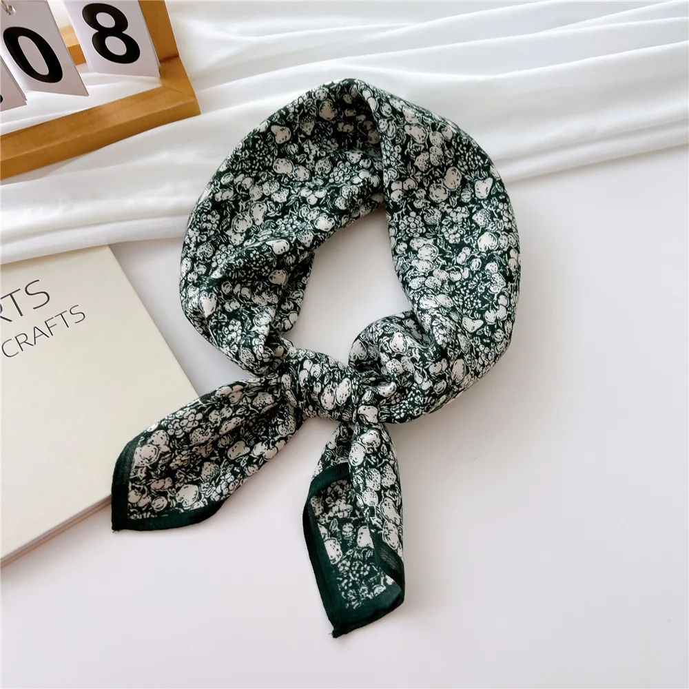 

63cm New Fashion Handkerchief Florals Print Cotton Linen Neck Scarf for Women Cute Small Shawls Hair Scarfs Female Bag Scarves
