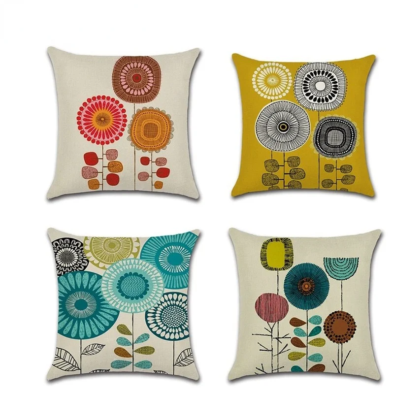 

New Abstract Flower Pillowcase Cartoon Sunflower Flax Home Decor Turquoise Linen Pillow Cover
