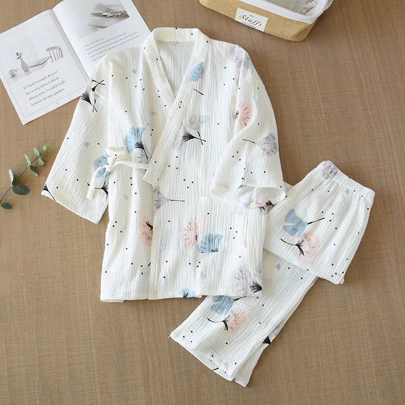 

Spring and Summer Pure Cotton Yarn Kimono Pajamas V-Neck Printing Plus Size Loungewear Women 2 Piece Sleepwear