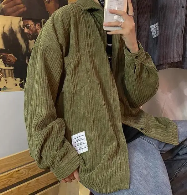 Retro Corduroy Shirt Men Loose Shirts Spring Autumn Student  Corduroy Outwear