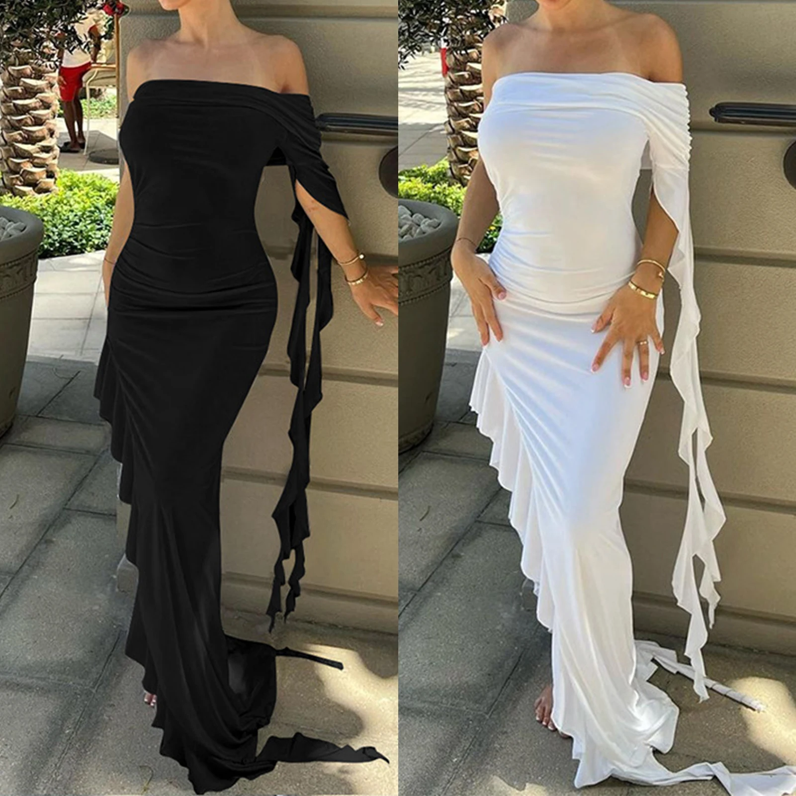 

Women Elegant Cocktail Dress Asymmetric Stringy Selvedge Pleated Maxi Dress Off Shoulder Y2k Sexy Style Party Club Clothing