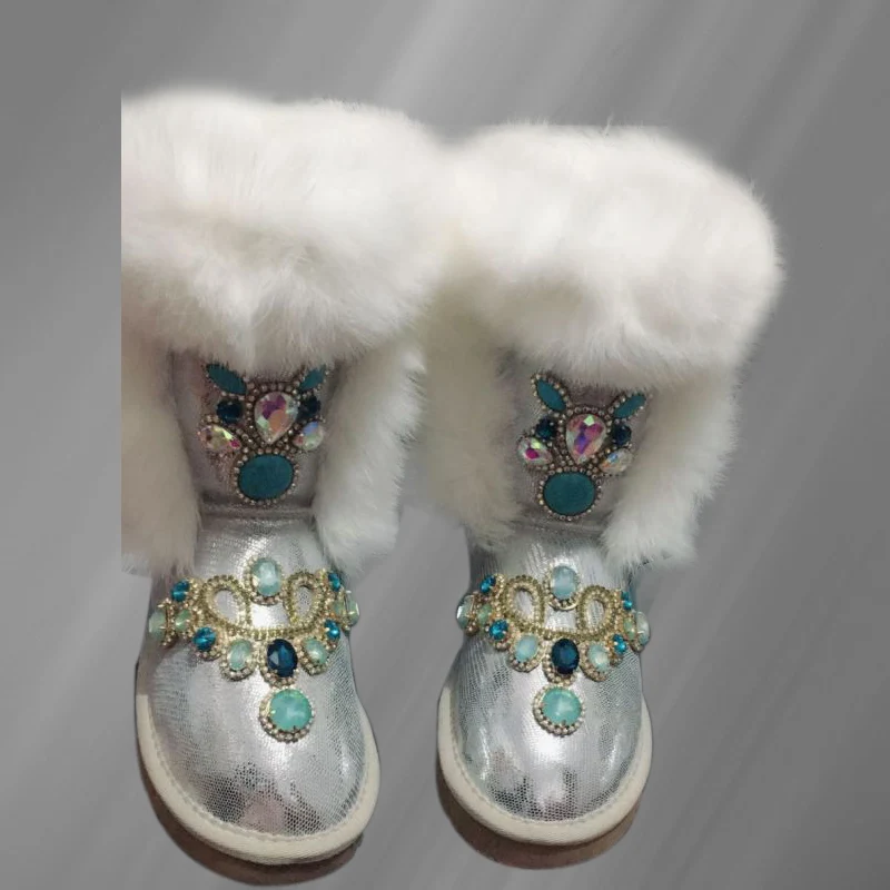 

Rhinestone and velvet warm classic handmade custom ankle boots Fur boots beaded casual shoes women's 35-44