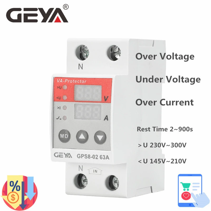 GEYA GPS8 Din Rail Dual Display Adjustable Over Voltage Current Under Voltage Protective Device Protector Relay 63A 220V 230V