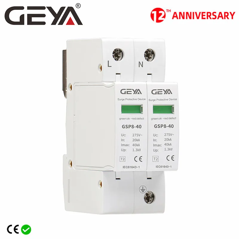 

GEYA GSP8-2P Din Rail SPD AC275V AC385V 400V 440V 20KA-40KA SPD 2P House Surge Protection Device Low-voltage Arrester Device