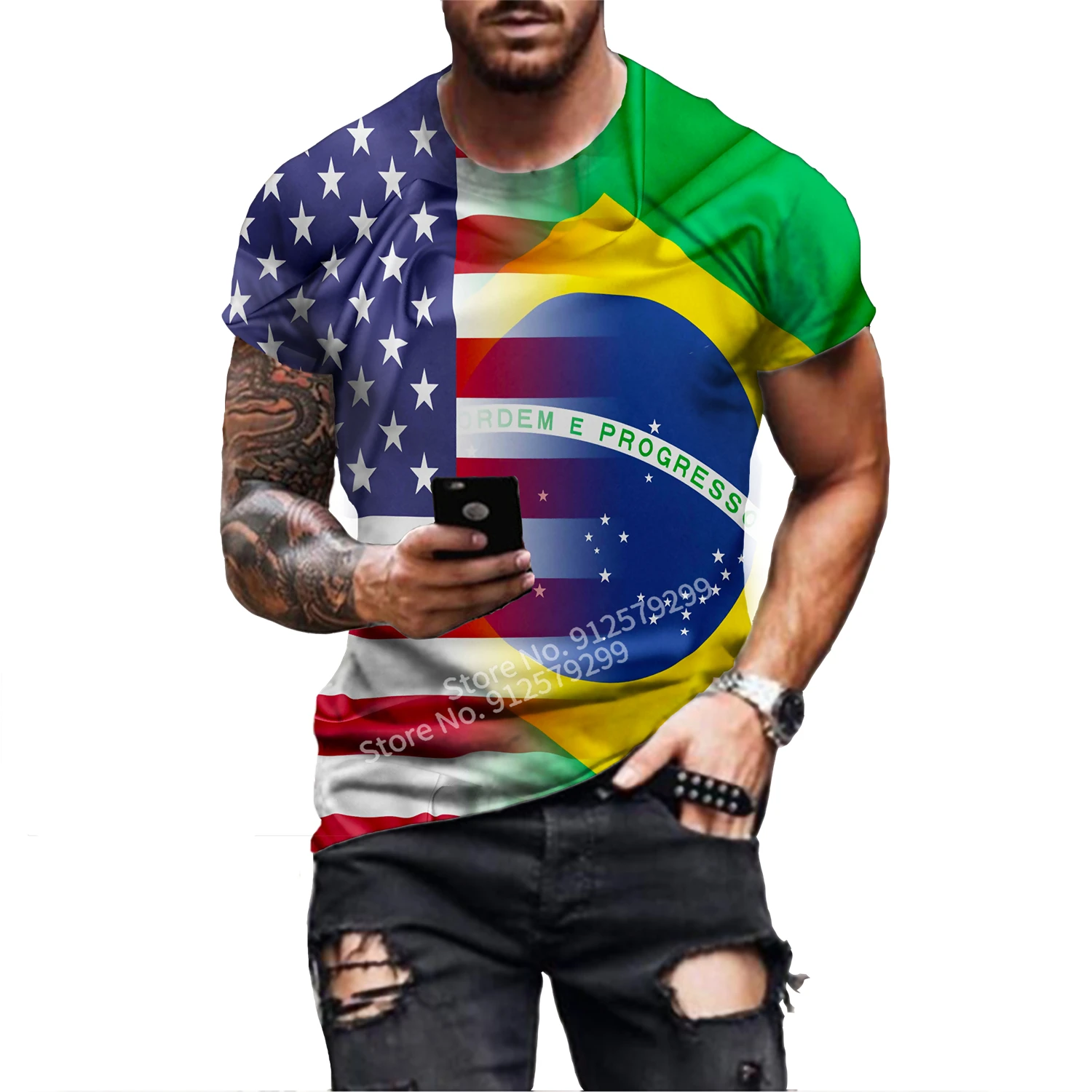 

Men's and Women's Round Neck Short-sleeved Sweatshirt, 2022 3D American/Brazilian Flag Printed Casual Shirt