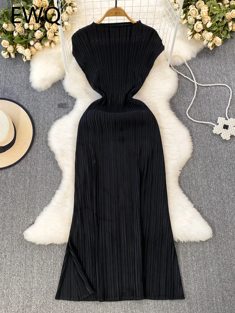 

Элегантное стильное шикарное трикотажное однотонное платье-трапеция EWQ без рукавов с разрезом и высокой талией, женские платья, Новинка лета 2023, 27SN3142