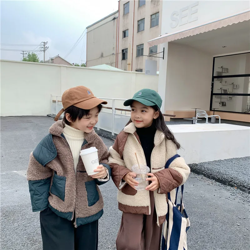 

Winter New Children's Korean Color Matching Lamb Wool Cotton Jacket For Boys And Girls, Vertical Collar Zipper Jacket