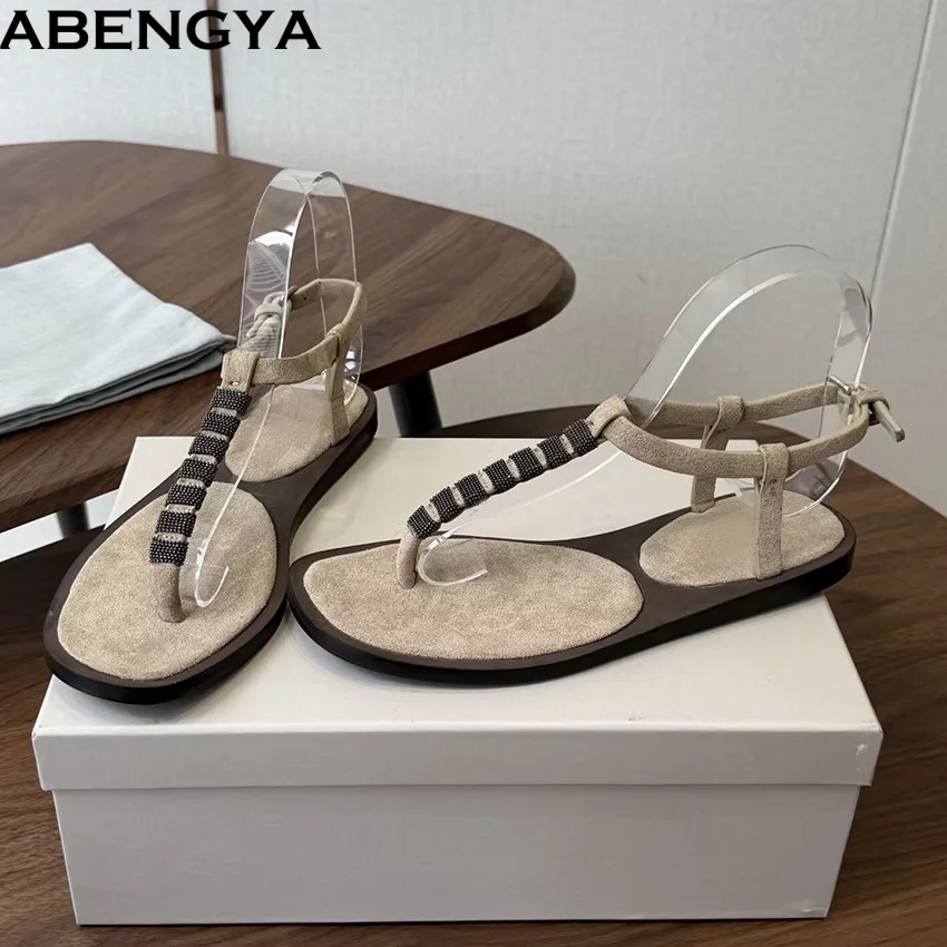 Фото Женские замшевые шлепанцы ABENGYA, плоские сандалии с бусинами, пляжная обувь для отпуска, повседневные туфли, сандалии для женщин №4