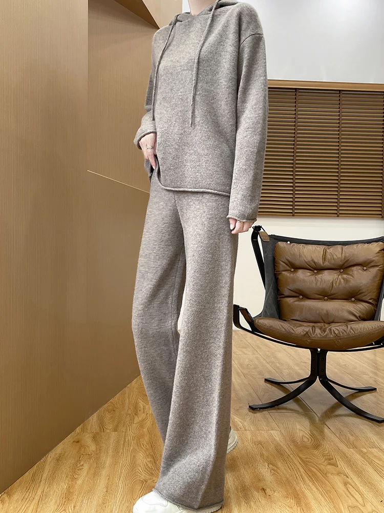 Женский шерстяной пуловер с капюшоном прямой брючный костюм осень-зима трикотаж