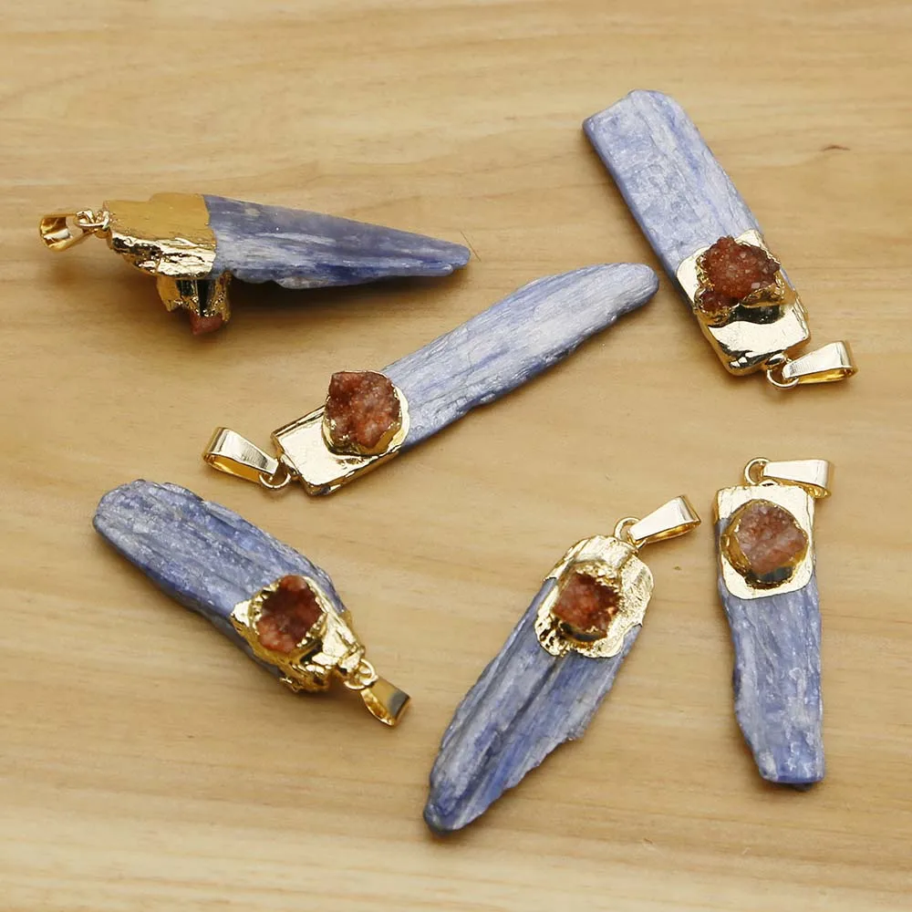 New Natural Raw Stone Blue Crystal Strip Pendant Irregular Orange Agate Necklace Charm Fashion Jewelry Accessories Wholesale8Pcs