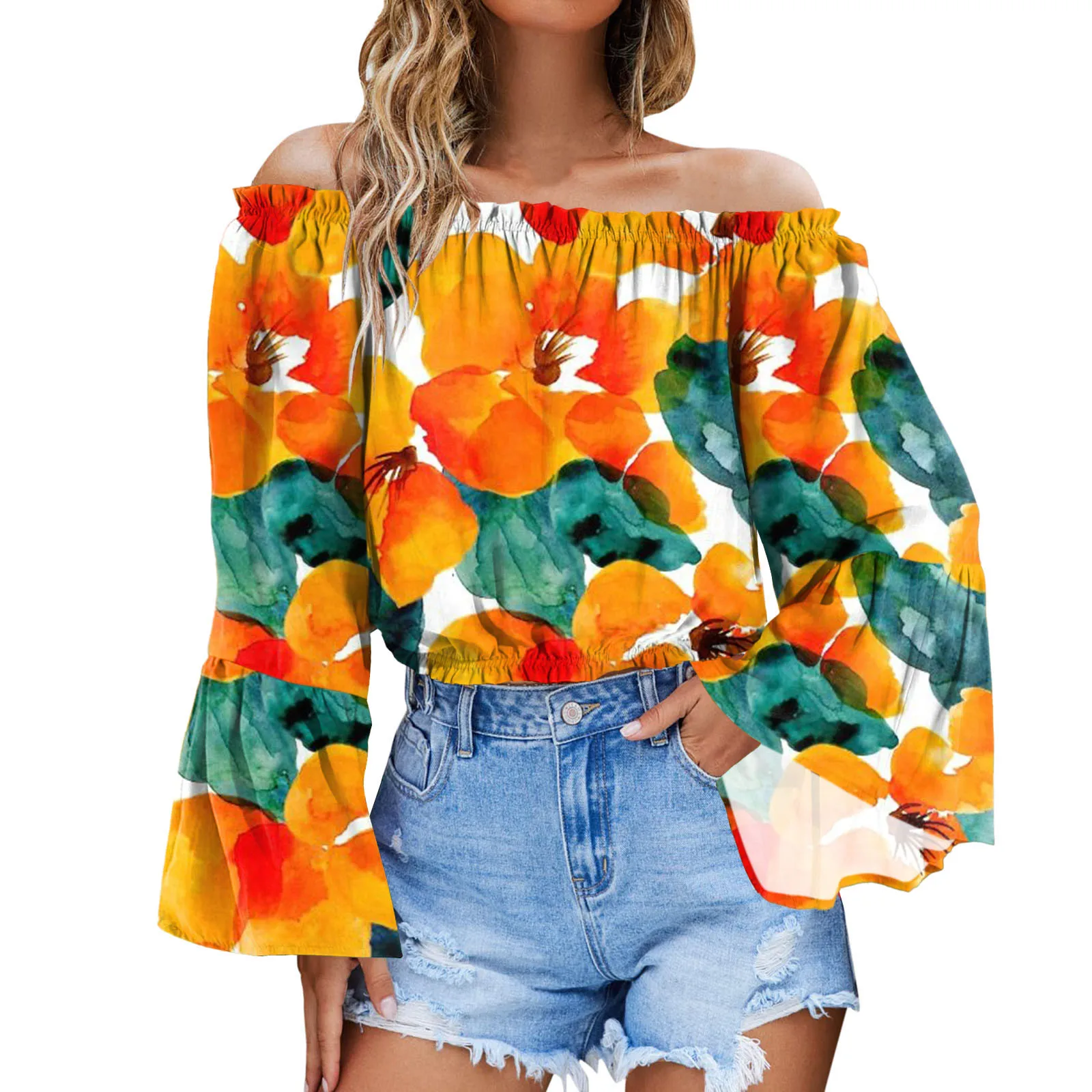 

Floral Print Off The Shoulde Lantern Sleeve Top Chic Blouses Summer Top For Women 2023 Sexy Pleated Crop Top Femme Blusas Блузки