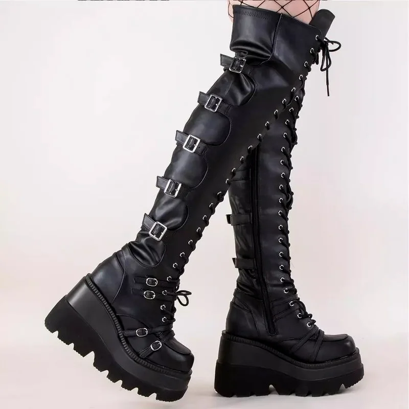 2022 Women Boots Design Female Platform Thigh High Boots Fashion Buckle Punk High Heels Boots Women Cosplay Wedges Shoes Woman