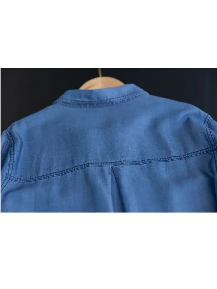 Корейская шикарная джинсовая блузка с карманами неправильной формы женская