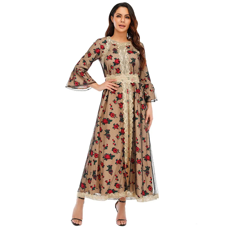 Donsignet Muslim Dress Muslim Fashion Abaya Dubai Printed Embroidered Lace Gauze Woman Abaya Elegant Long Dress Abaya Turkey