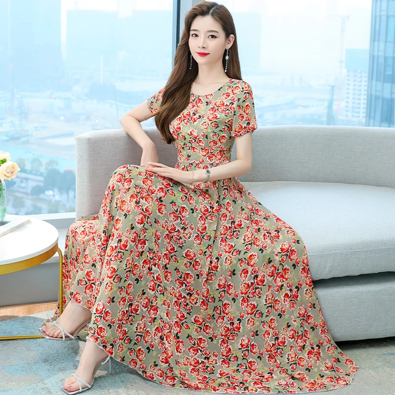 

Женское шифоновое платье-миди с коротким рукавом, круглым вырезом и принтом