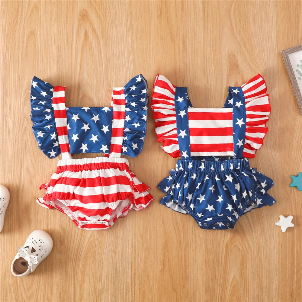

Newborn Baby Girls Independence Day Romper Infant U.S.A National Flag Stars Printed Bodysuit Sleeveless Ruffled Summer Clothes