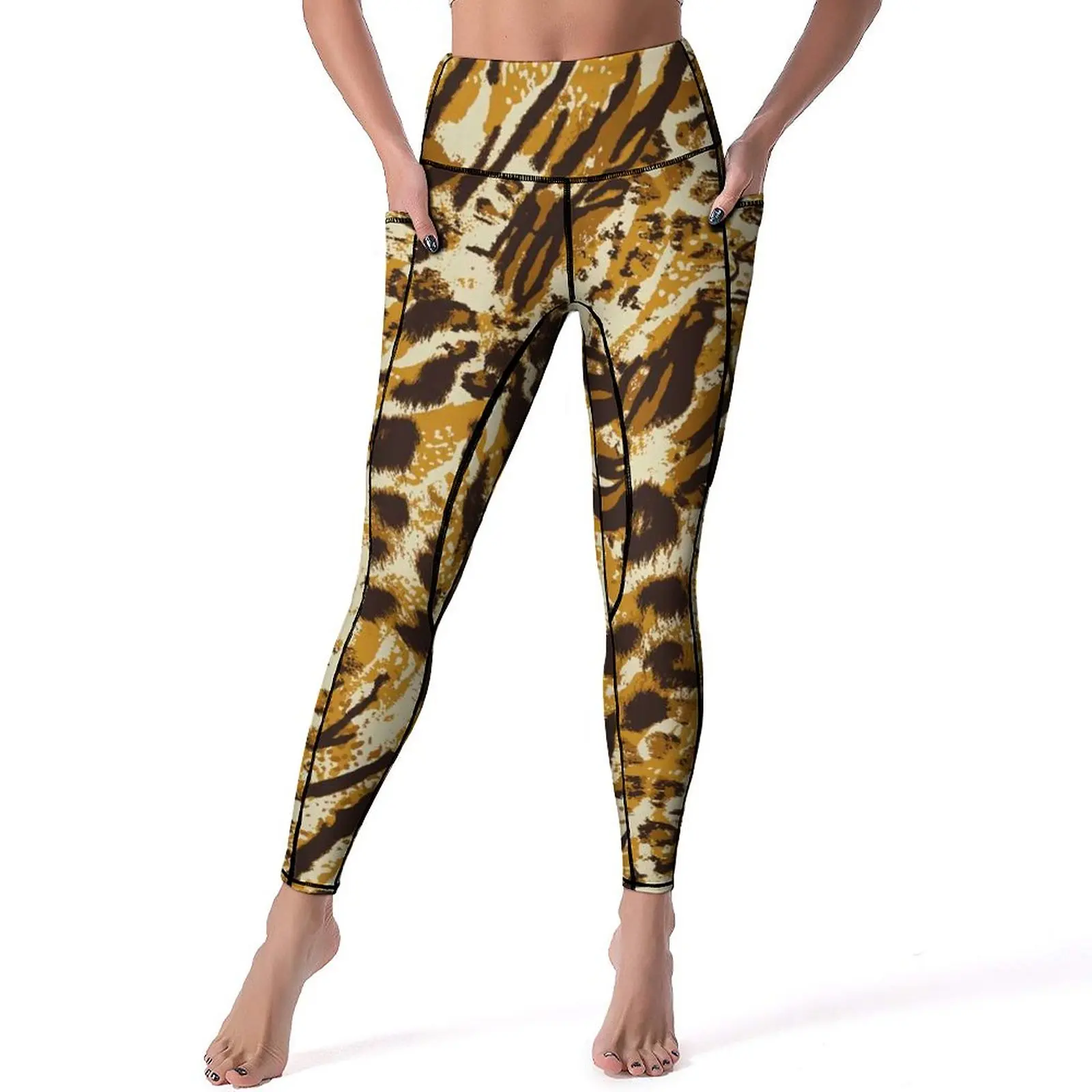 

Брюки для занятий йогой, золотистые, с животным рисунком