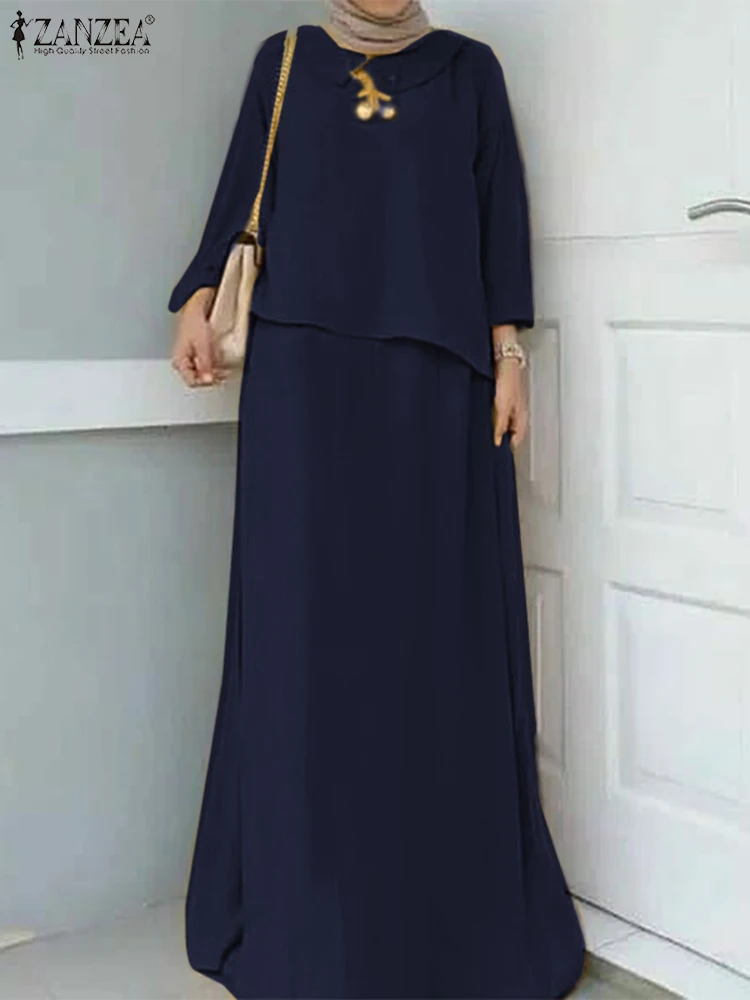 

Women Solid Sundress 2022 ZANZEA Stylish Muslim Dress Casual Long Sleeve Turkish Maxi Vestidos Female Layer Marocain Robe Femme