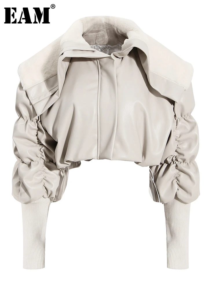 

[EAM] Beige Pleated Big Size Warm Cotton-padded Coat Long Sleeve Loose Fit Women Parkas Fashion New Autumn Winter 2023 1DF1180