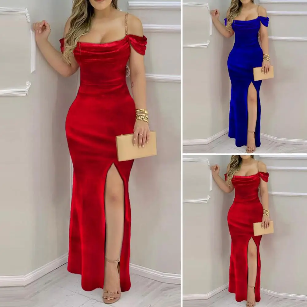 

Вечернее платье популярное мягкое облегающее женское бархатное платье макси на бретельках с открытыми плечами и разрезом на подоле для сва...