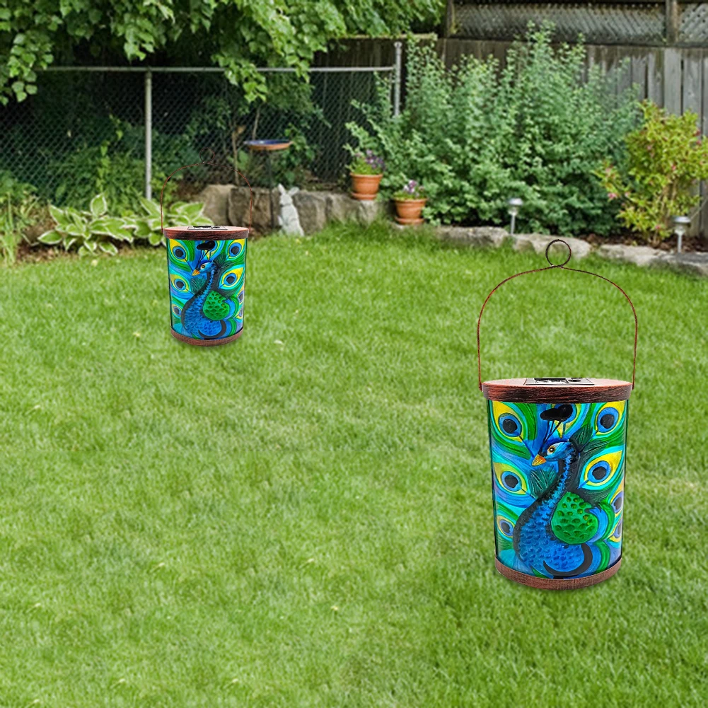 

LED Solar Lantern Light Wrought Iron Peacock Glass Painting Hanging Lamps Waterproof Outdoor Garden Yard Art Decor