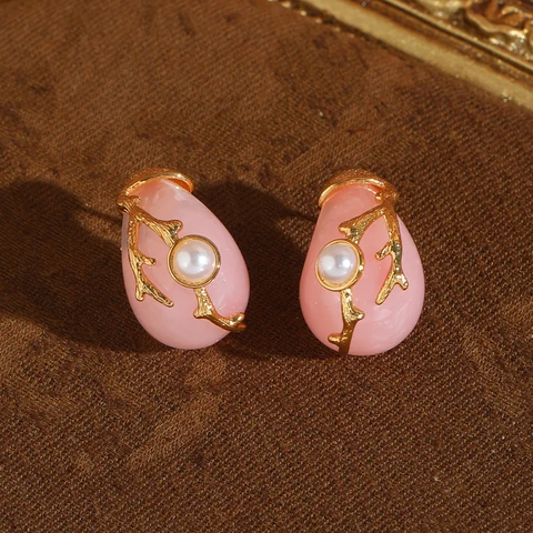 Сережки-гвоздики STALAIT винтажные розовые с жемчугом