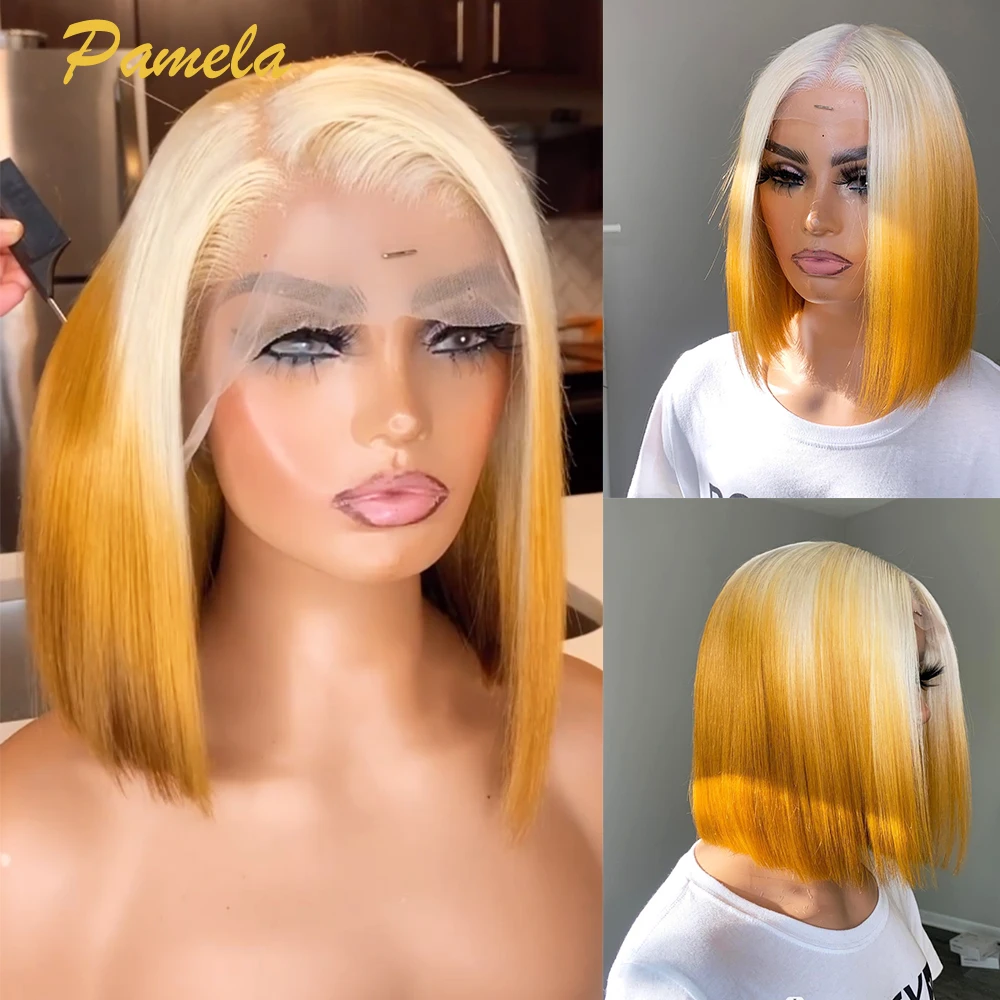 

Ombre 613/Yellow Colored Short Bob Human Hair Wigs Brazilian Honey Blonde Straight Transparent Lace Front Wigs For Women