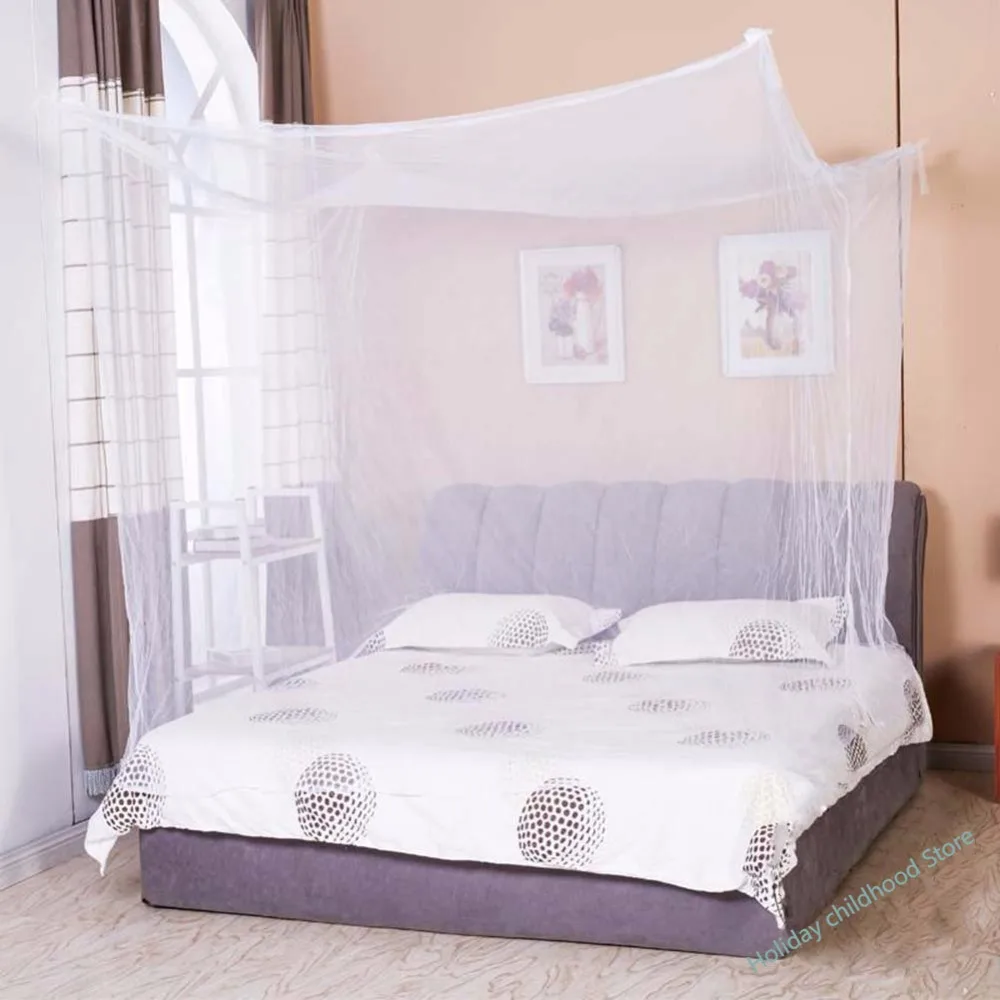 White Four Corner Post Student Canopy Bed Mosquito Net Netting Queen King Twin Size