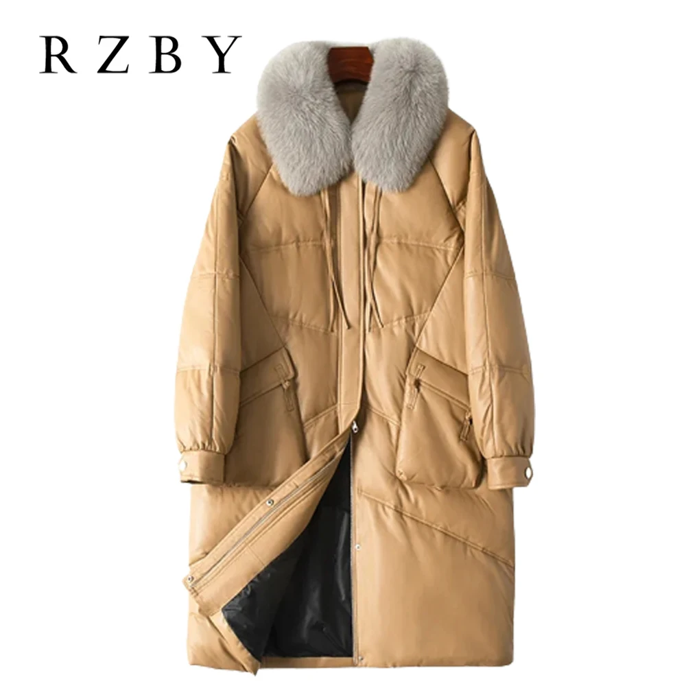 

RZBY 90% White Duck Down Jackets For Women Fox Fur Collar Thicken Long Outwear Office Female Moto Biker Streetwear RZBY2605