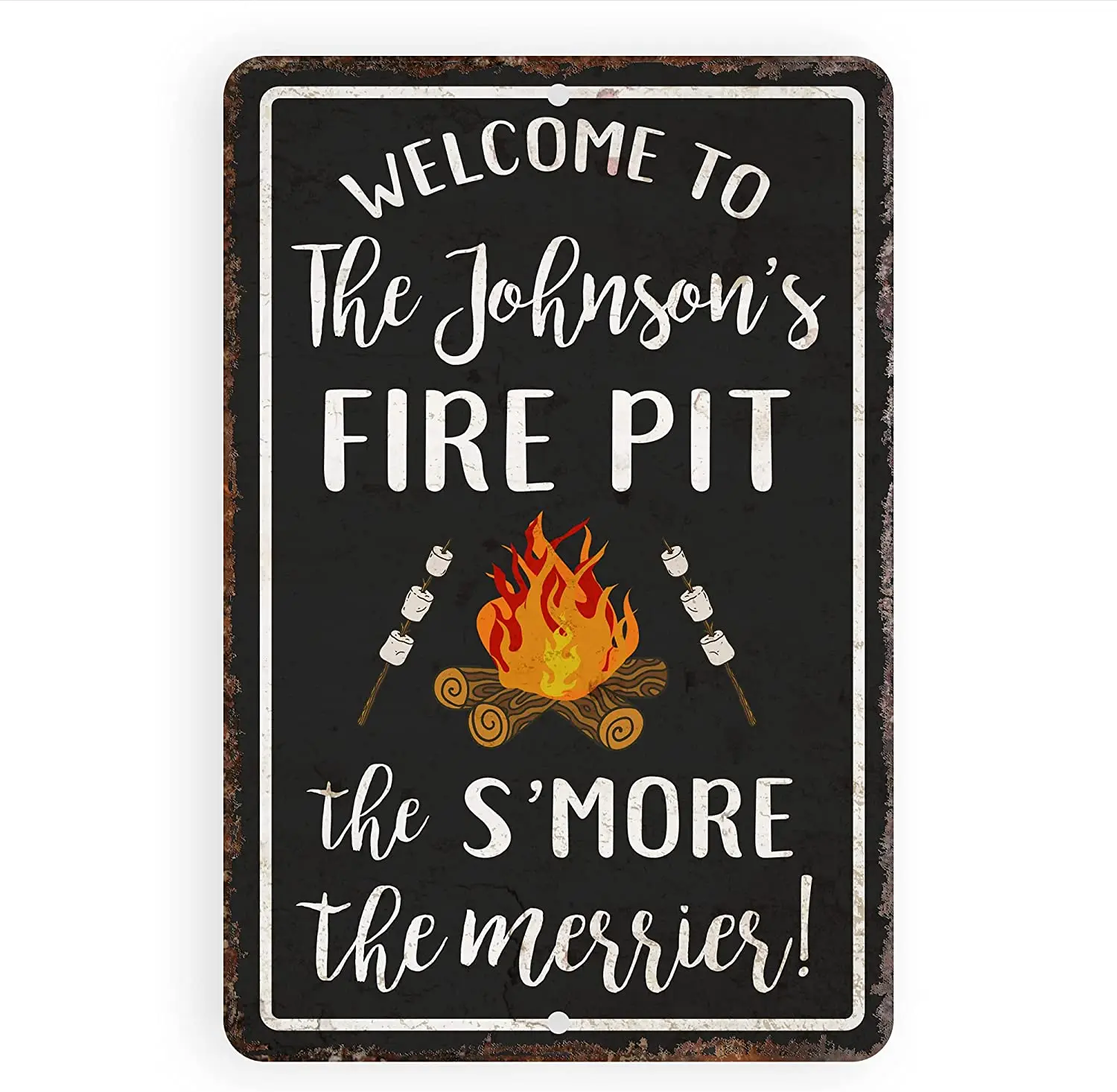 

Персонализированный винтажный металлический знак для помещений в стиле ретро, пожарная яма 'more The Merrier (8x12 дюймов)