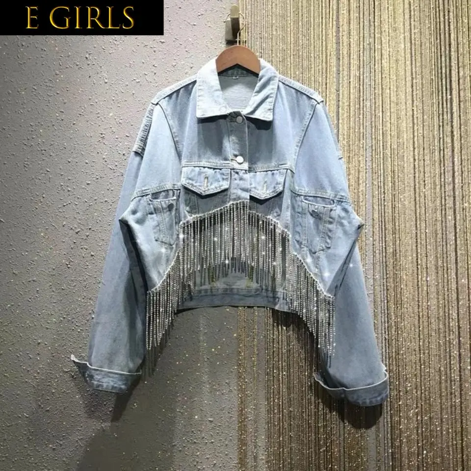 

E GIRLS Spring And Summer New Denim Outerwear Loose Diamond Chain Tassel Streetwear Turn-Down Collar Jacket Women