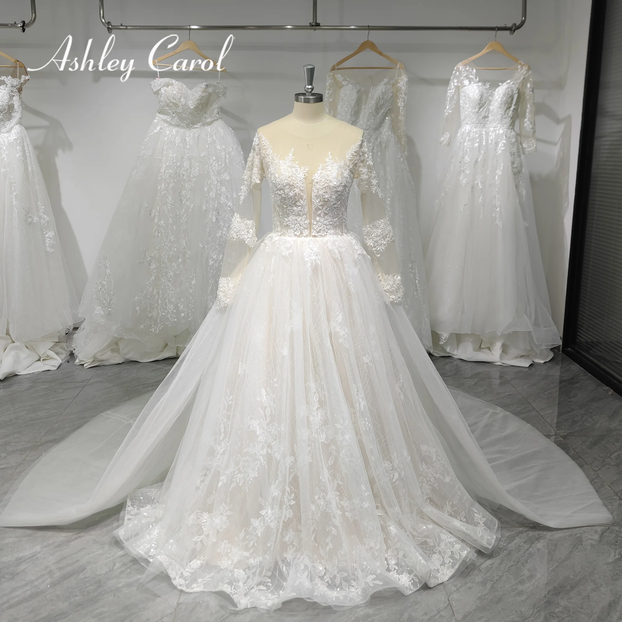 

Ashley Carol A-Line Wedding Dress 2023 Deep V-neck Sparkling Beading Appliques Detachable Train Wedding Gown Vestidos De Novia