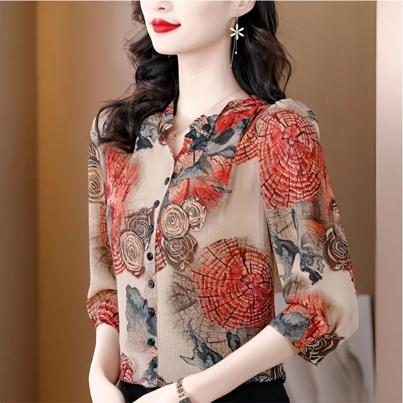 

2023 New Summer All-match Buttons Half Height Collar 3/4 Sleeve Shirts Ladies Fashion Printing Blouse Women Clothing Top Tee