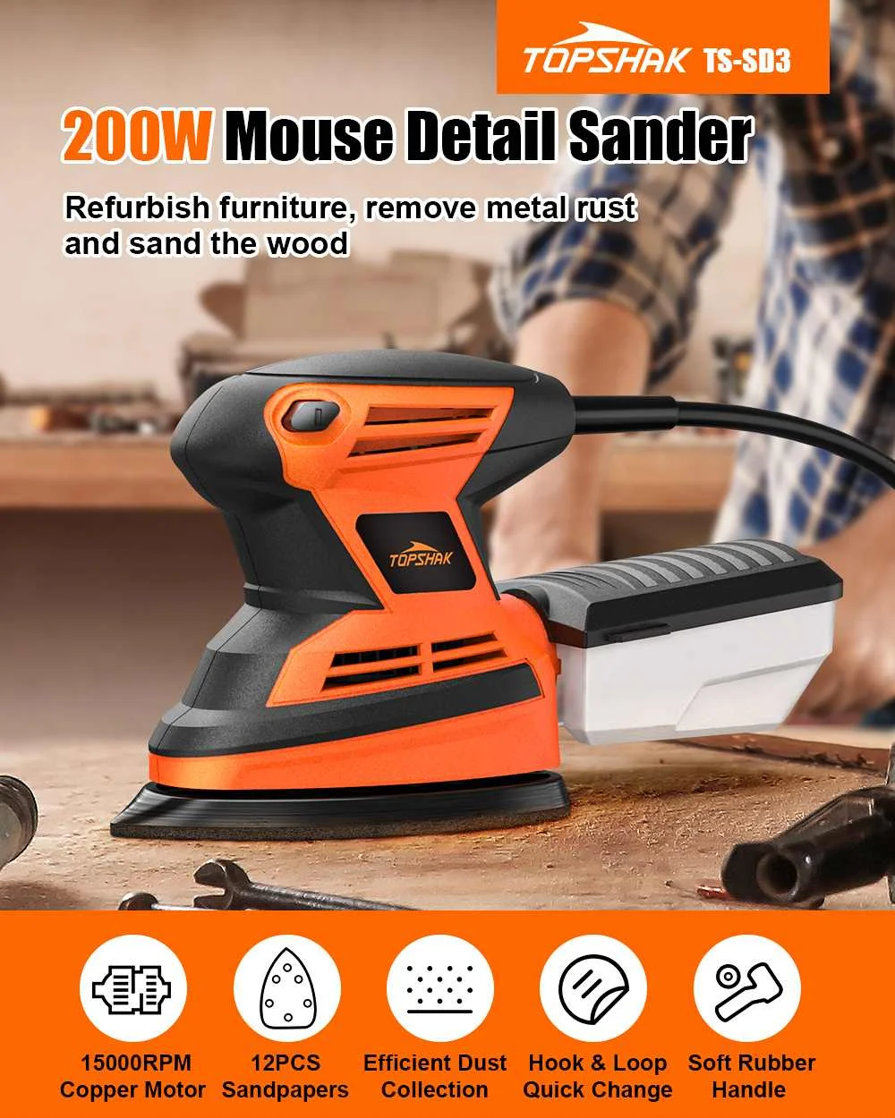

CZ US 200W 15000r/min Mouse Detail Sander 110/220V Small Sander with 12Pcs Sandpapers Dust Collection Box Hand Sander