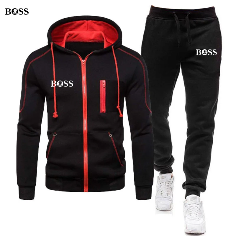

2023 Autumn Winter Men's Sweatshirt Suit Letter Printed Zipper Pockets Hoodie+Drawstring Sweatpants Fashion Male 2Pcs Set