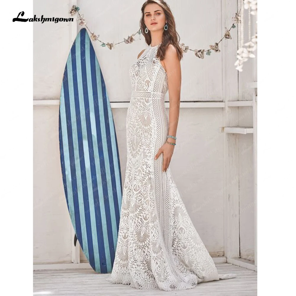 

Lakshmigown Full Lace Mermaid Wedding Dress for Women 2023 Bohemian Boho Halter Neck Bridal Gown abito da sposa