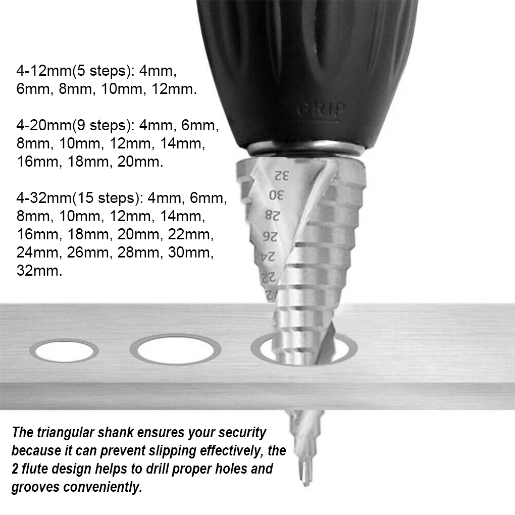 

Pack of 3 Step Drill Bits Woodworking Triangular Shank Metal Drilling Bit High-speed Steel Core Cone Deburring Hand Tool