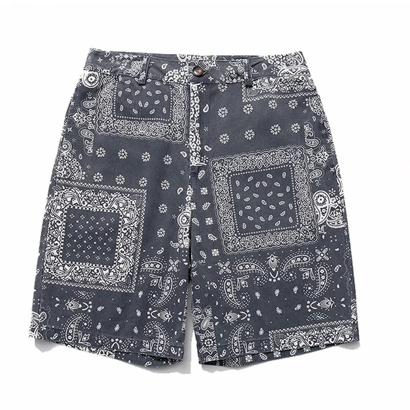 American Fashion Brand New Summer Cashew Blossom Ethnic Style Printed Washed Shorts Loose Casual Men's Blue Capris