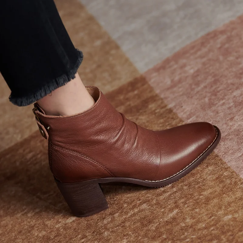 Women  Ankle Boots European Style Short Boots Cowhide Thick Heels Classic Pleated Shoes Woman Autumn Spring Ladies Daily Shoes