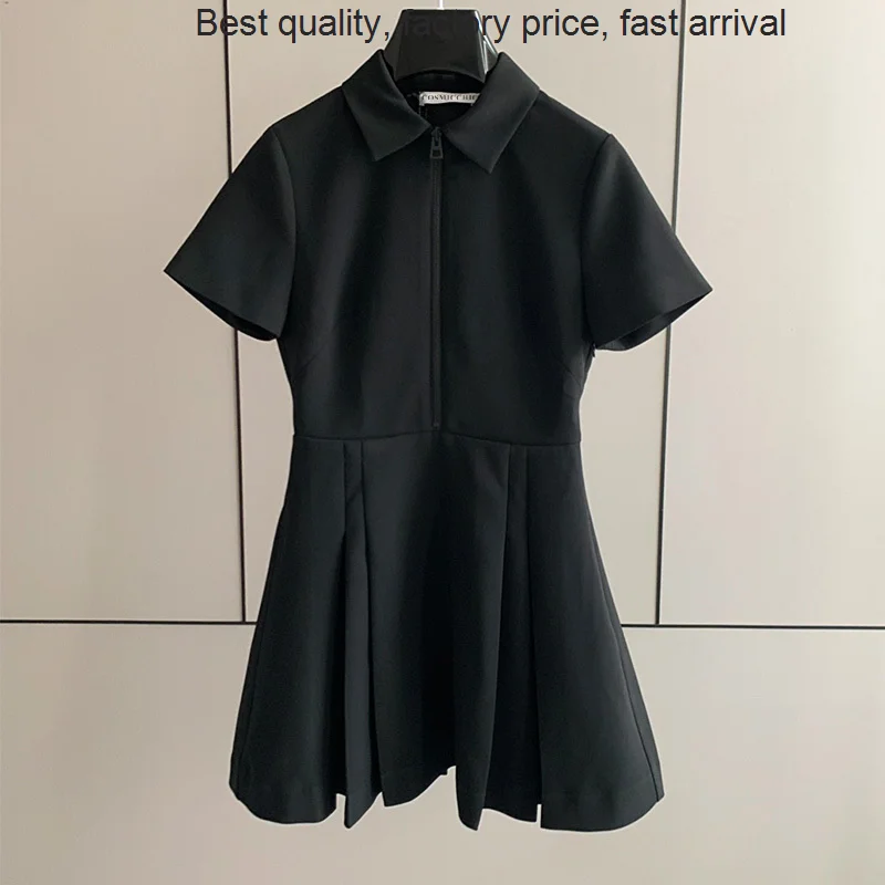 

High quality luxury brand 22 Summer Runway Black Short Sleeve Shirt Women Polo Collar Front Zipper Mini Vintage High-end Office
