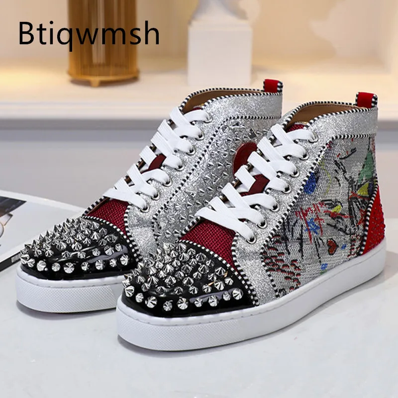 

Studded Sequined Sneakers Men Round Toe Rhinestone Rivet Mixed Color Leather Flat Shoes Male Fashion Loafer Shoes